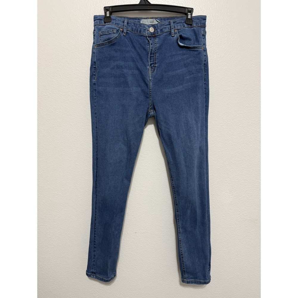 Topshop Moto Jamie Skinny Jeans 34x30 Blue Toucan Bird Print High Rise